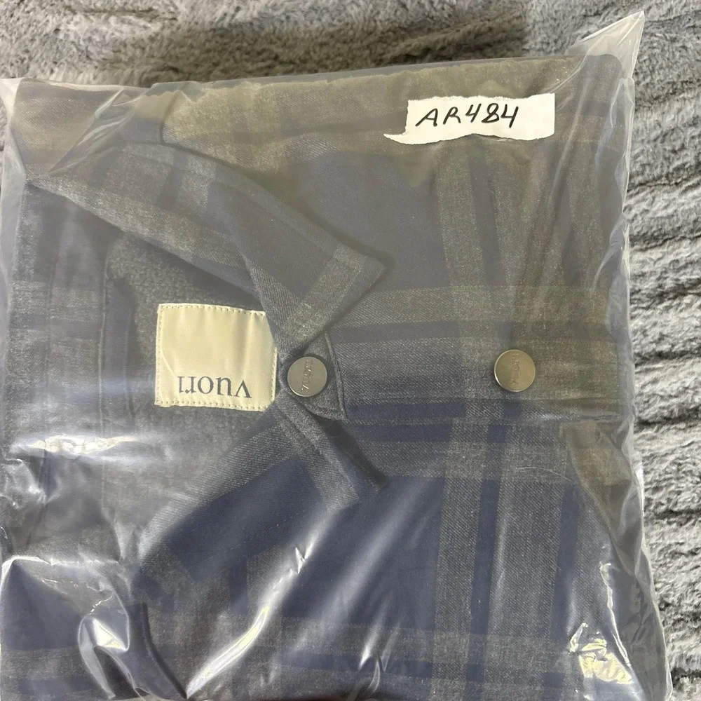 Vuori Mens Plaid Fleece Lined Flannel Shirt Jacket Navy Blue Grey V246 Large